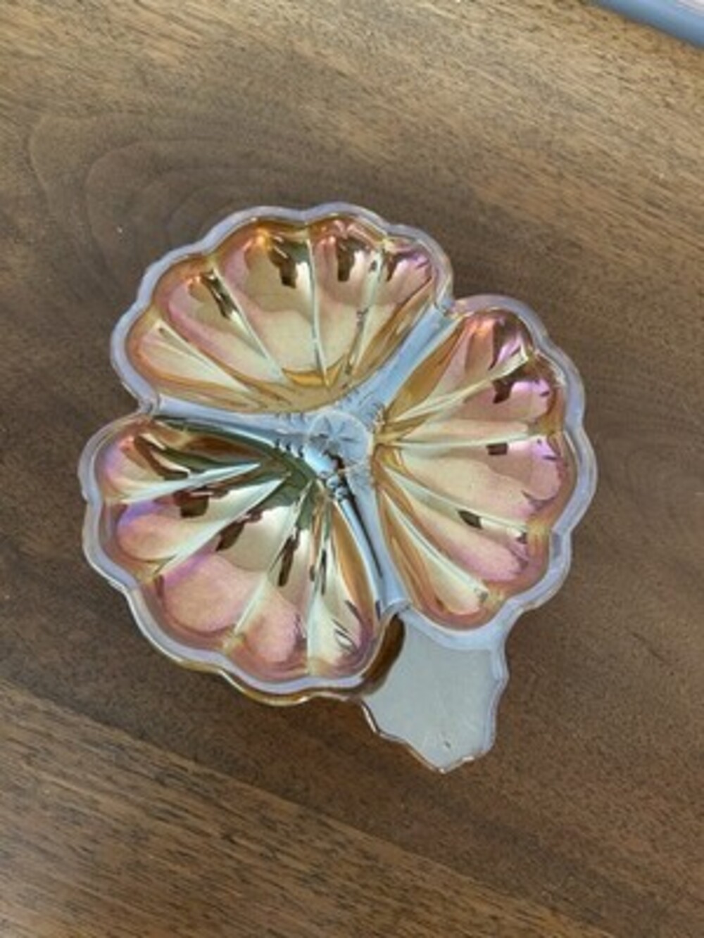 Vintage Jeannette Carnival Glass Marigold 3 Leaf Clover Candy/Nut Dish 7” W.